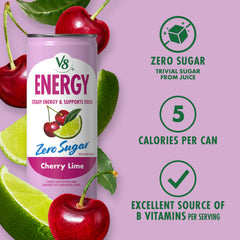 V8 Energy cherry lime poured over ice in glass, chilled refreshing taste