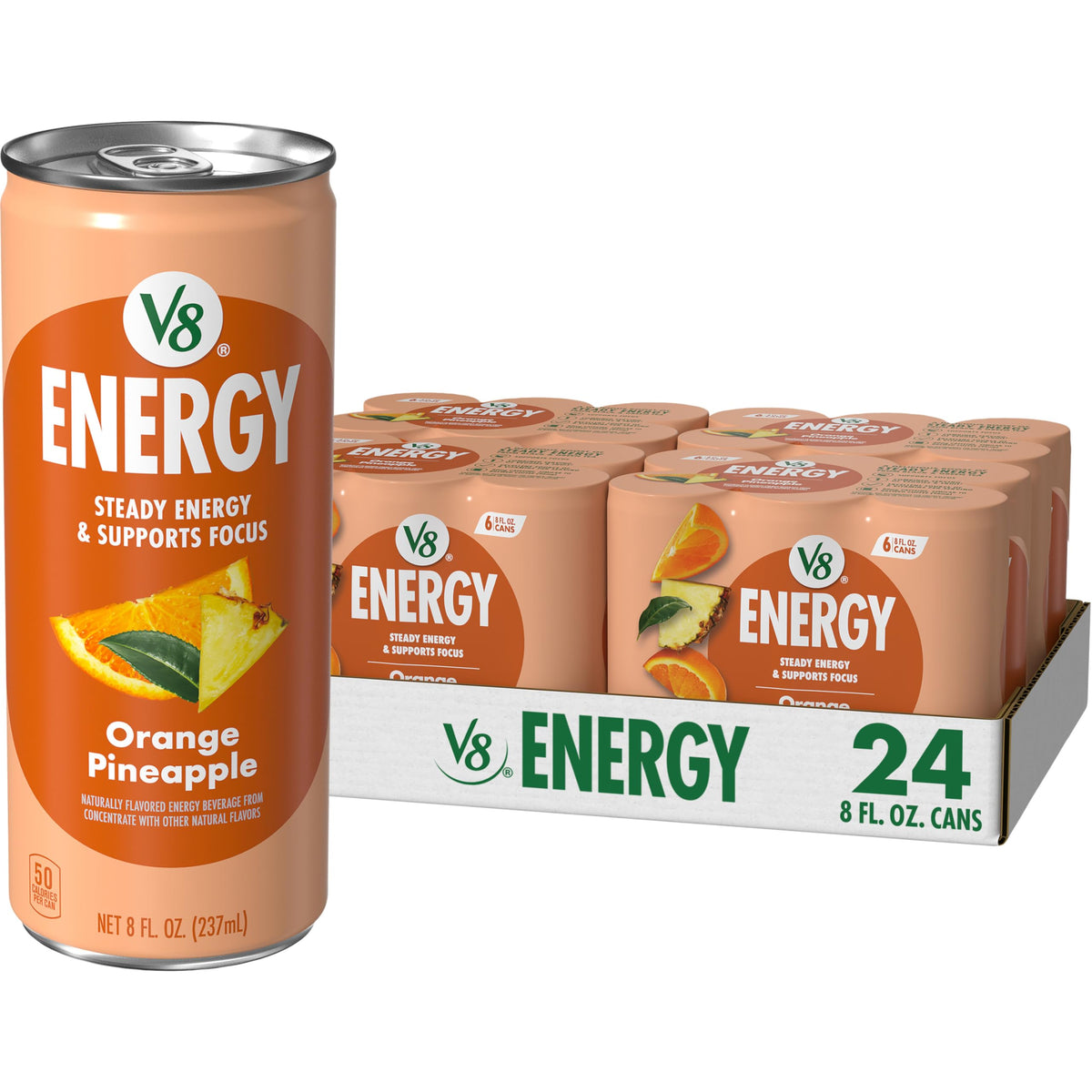 V8 Energy front can showing orange pineapple flavor and can design