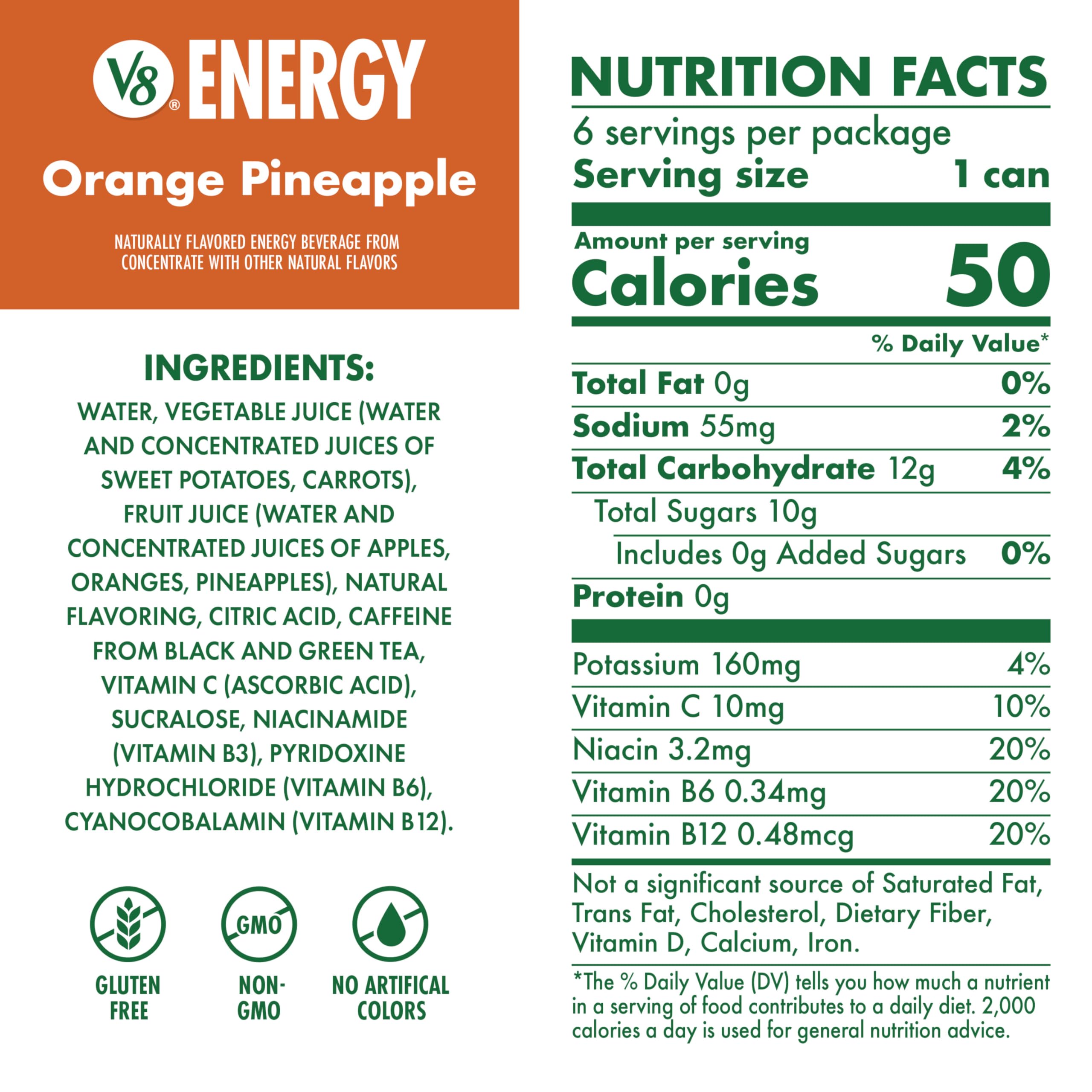 V8 Energy close-up of side label highlighting nutrition and benefits