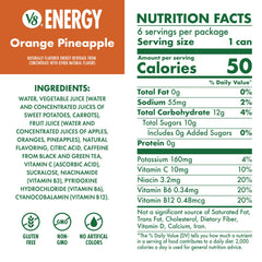 V8 Energy close-up of side label highlighting nutrition and benefits