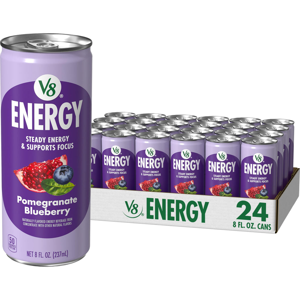 V8 Energy pomegranate blueberry front packaging showing 24-pack convenience and refreshing look