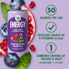 V8 Energy pomegranate blueberry pouring into glass with vibrant color and crisp bubbles