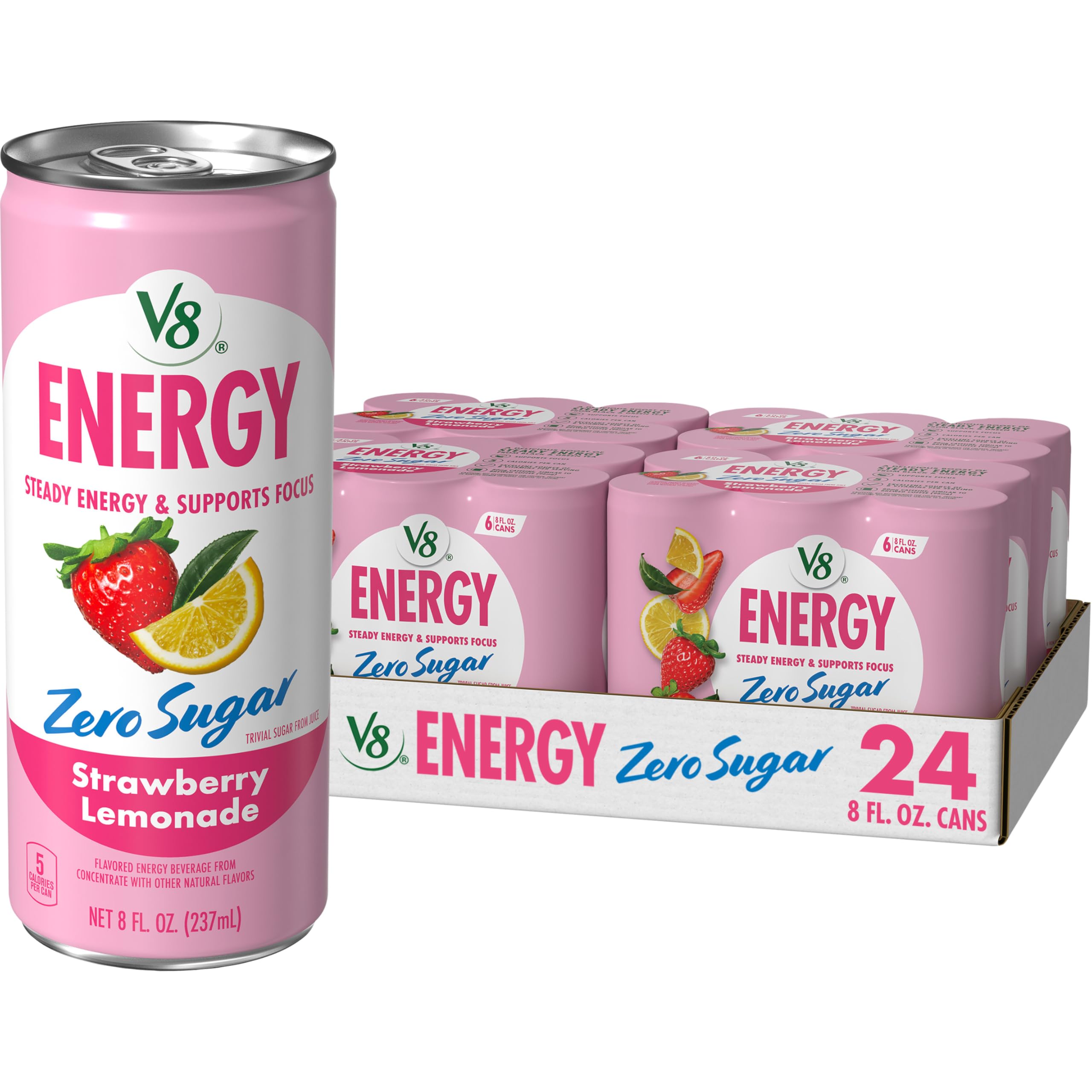 V8 can front view showing strawberry lemonade flavor for refreshing energy