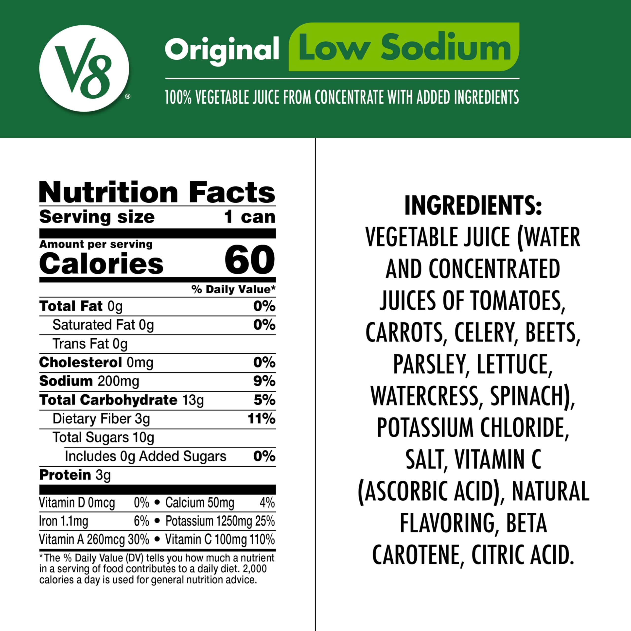 v8 low sodium close-up of label and nutrition panel, shows transparency