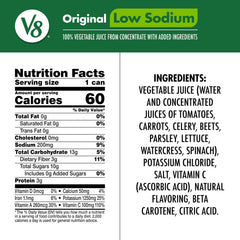 v8 low sodium close-up of label and nutrition panel, shows transparency