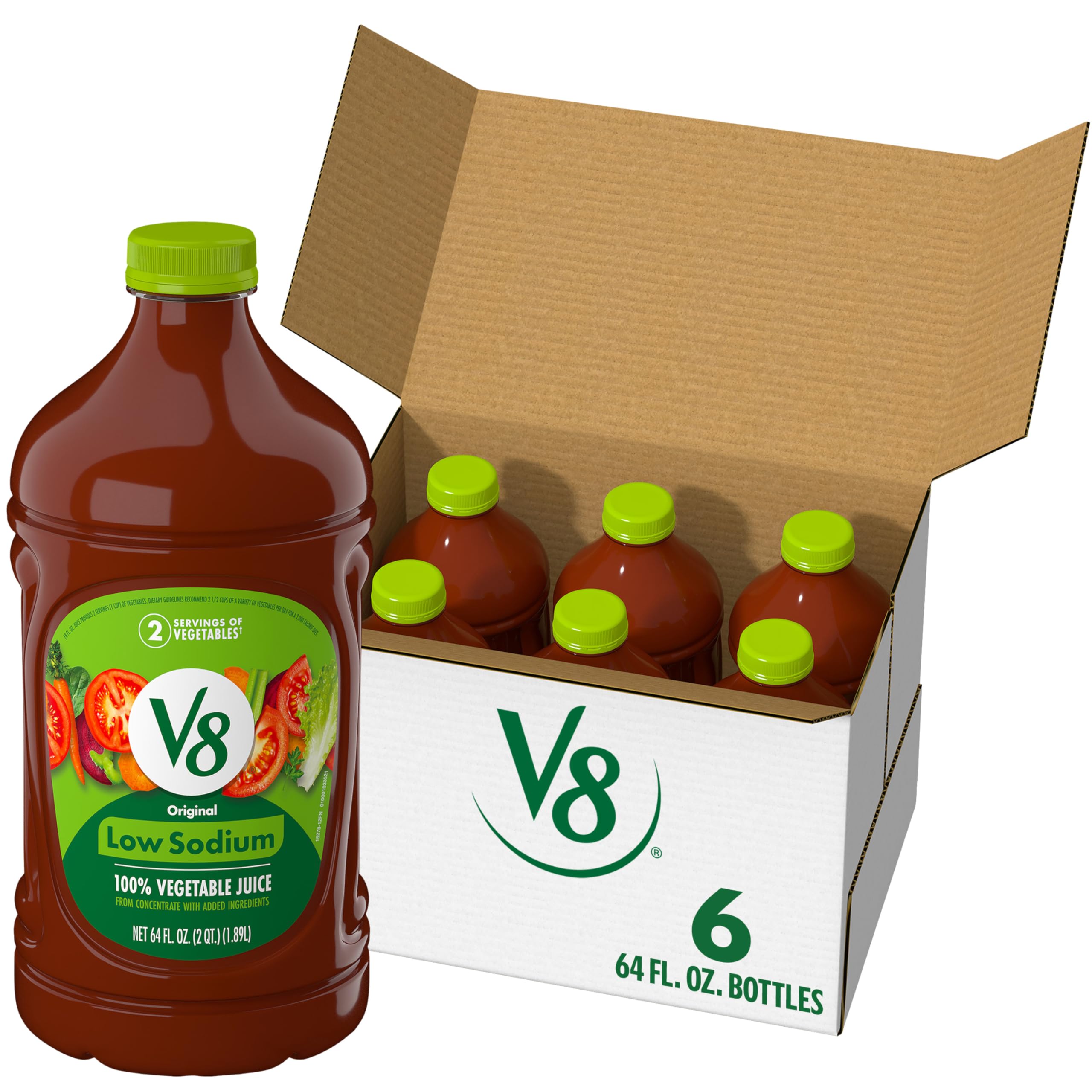 V8 low sodium front packaging showing six 64 fl oz bottles and label benefits