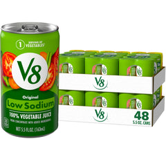 V8 low sodium front can showing label and size for quick identification and convenience