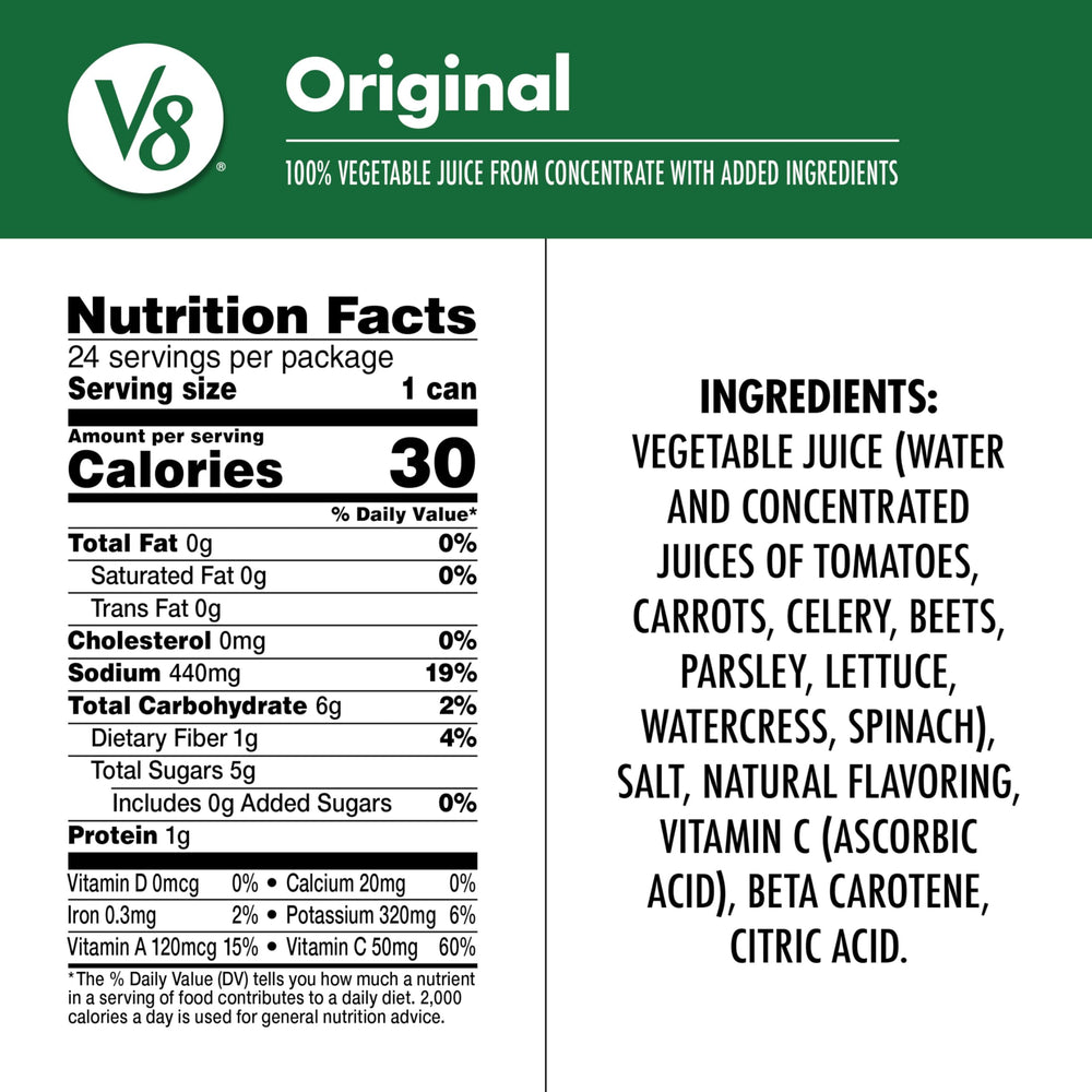 V8 can close-up label highlighting vegetable blend and benefits