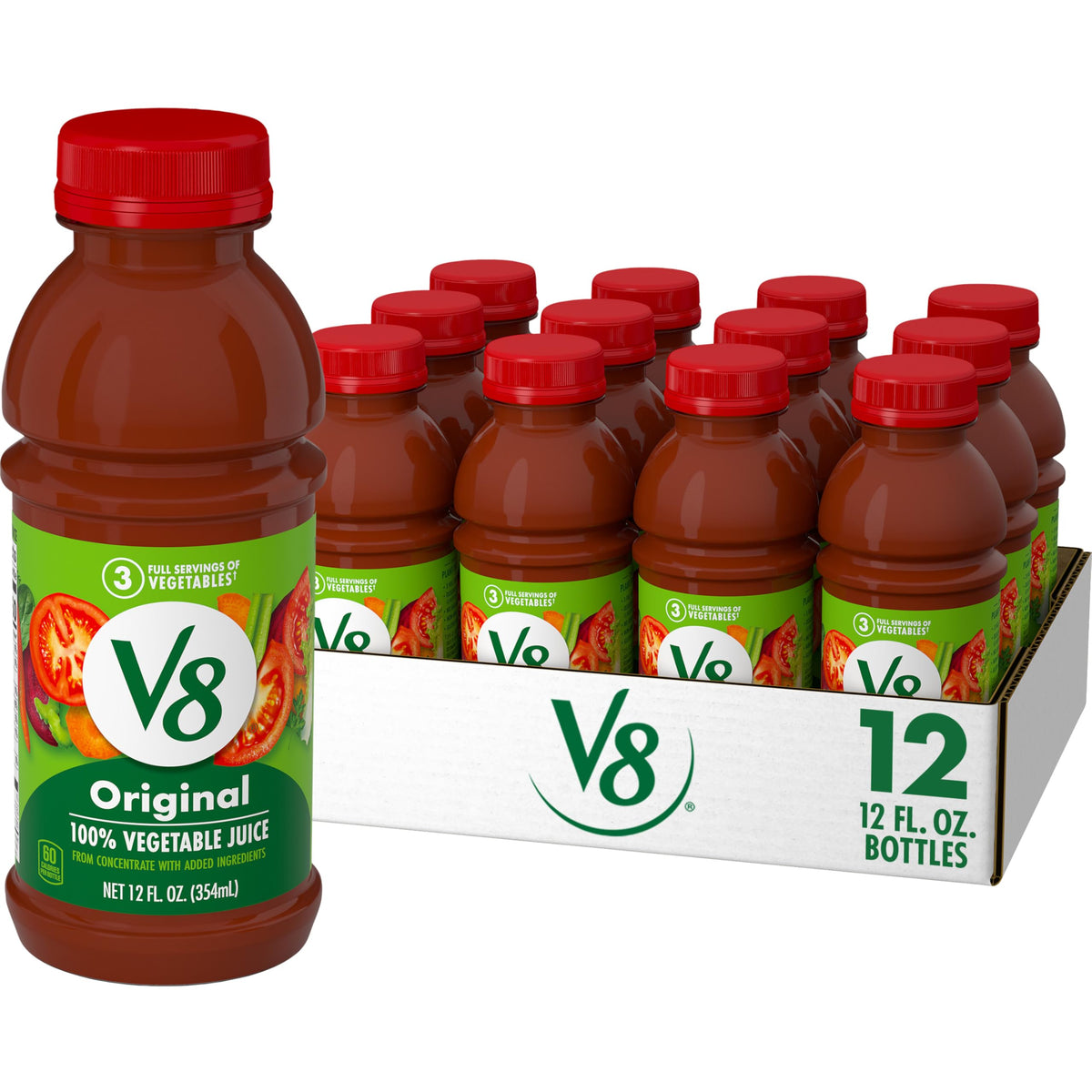 V8 front bottle showing label and branding, convenient vegetable boost