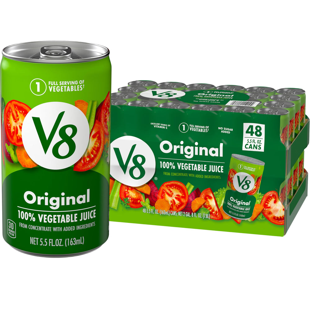V8 front packaging showing 48‑pack and convenience benefits
