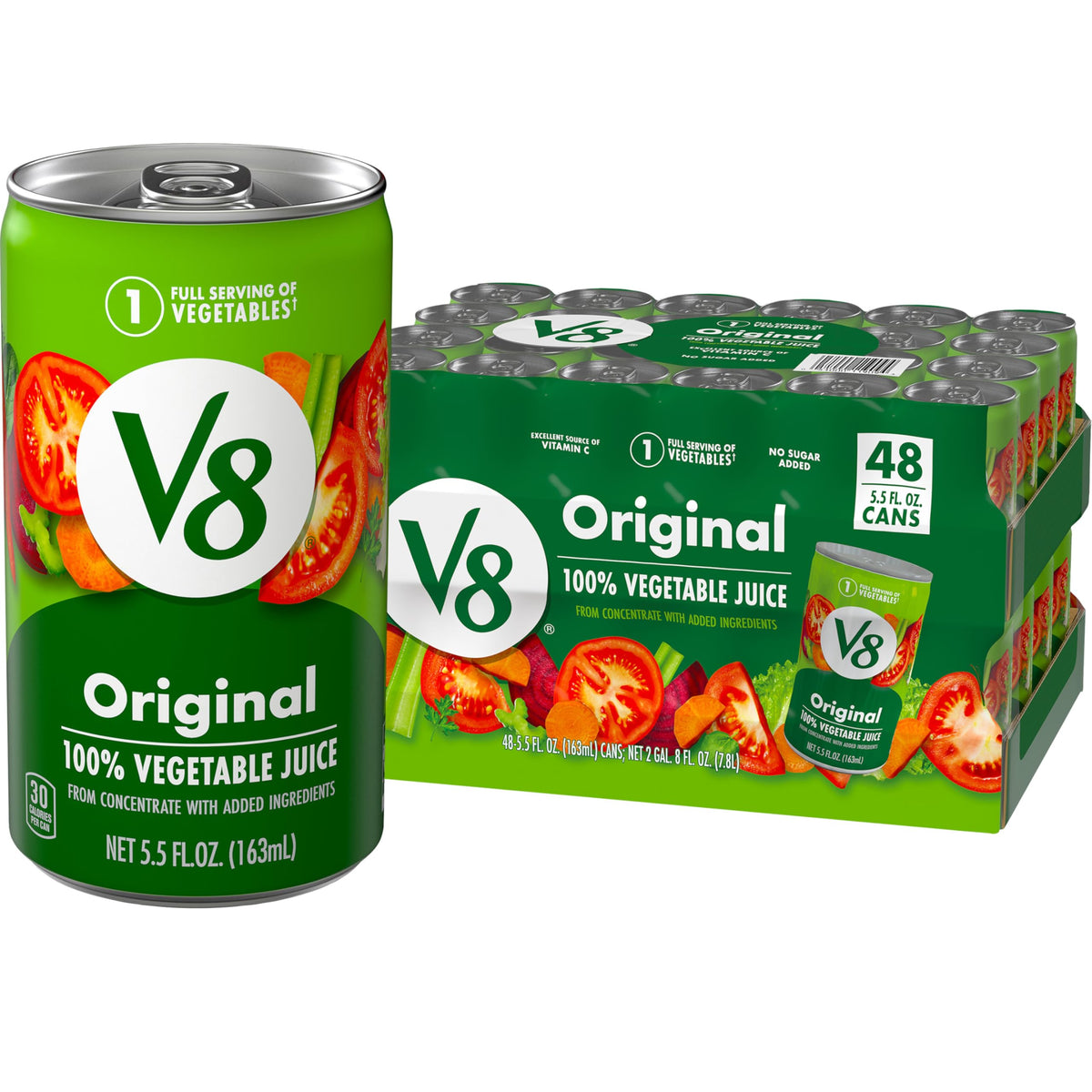 V8 front packaging showing 48‑pack and convenience benefits