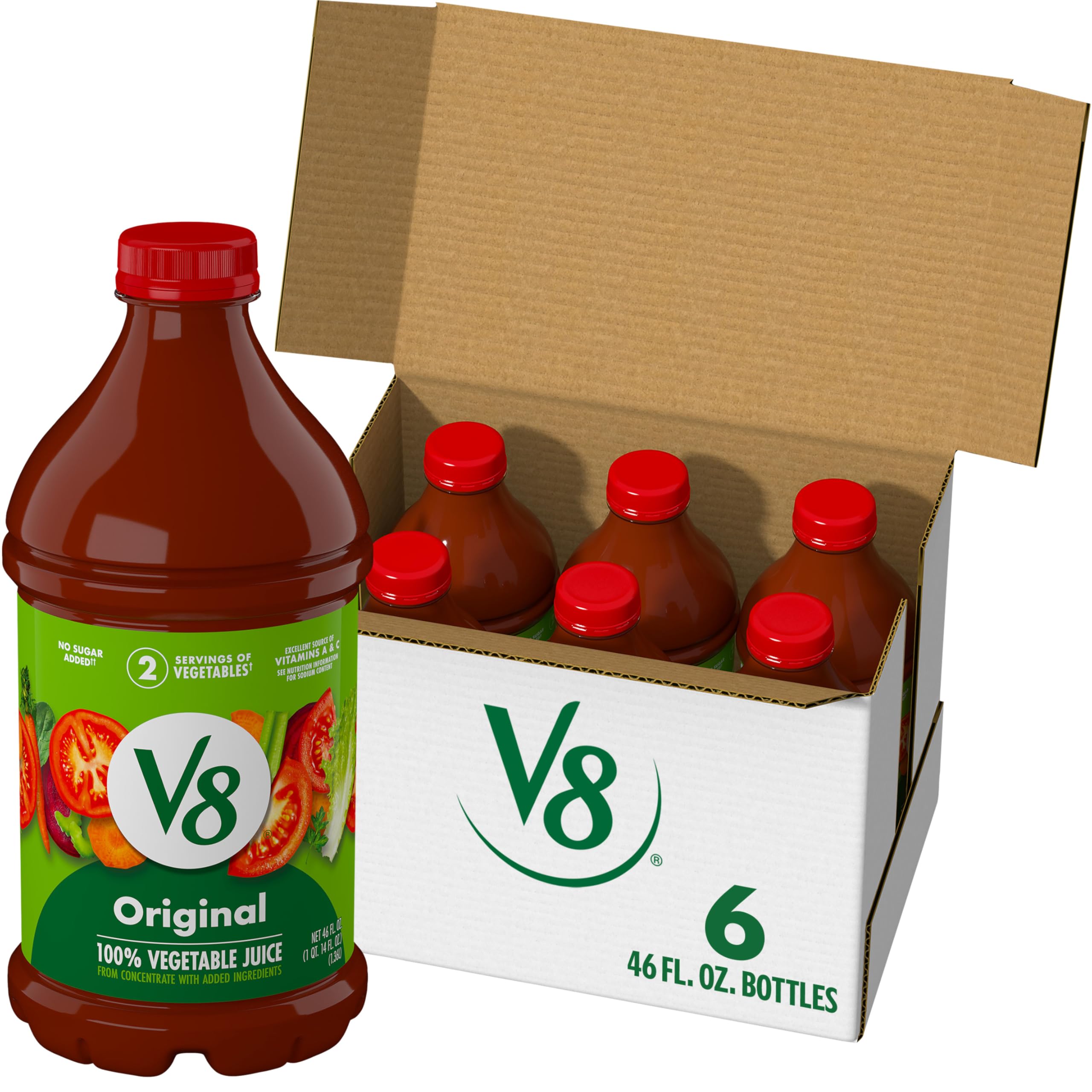 V8 front packaging showing 46 fl oz bottle with brand clarity and pantry-ready convenience