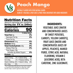 V8 back label and nutrition facts highlighting ingredients and sugar information
