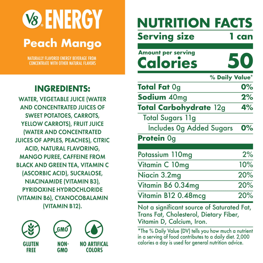 V8 Peach Mango can side label showing nutrition and benefit plant-based energy