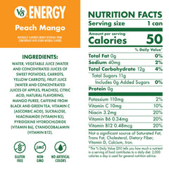 V8 Peach Mango can side label showing nutrition and benefit plant-based energy