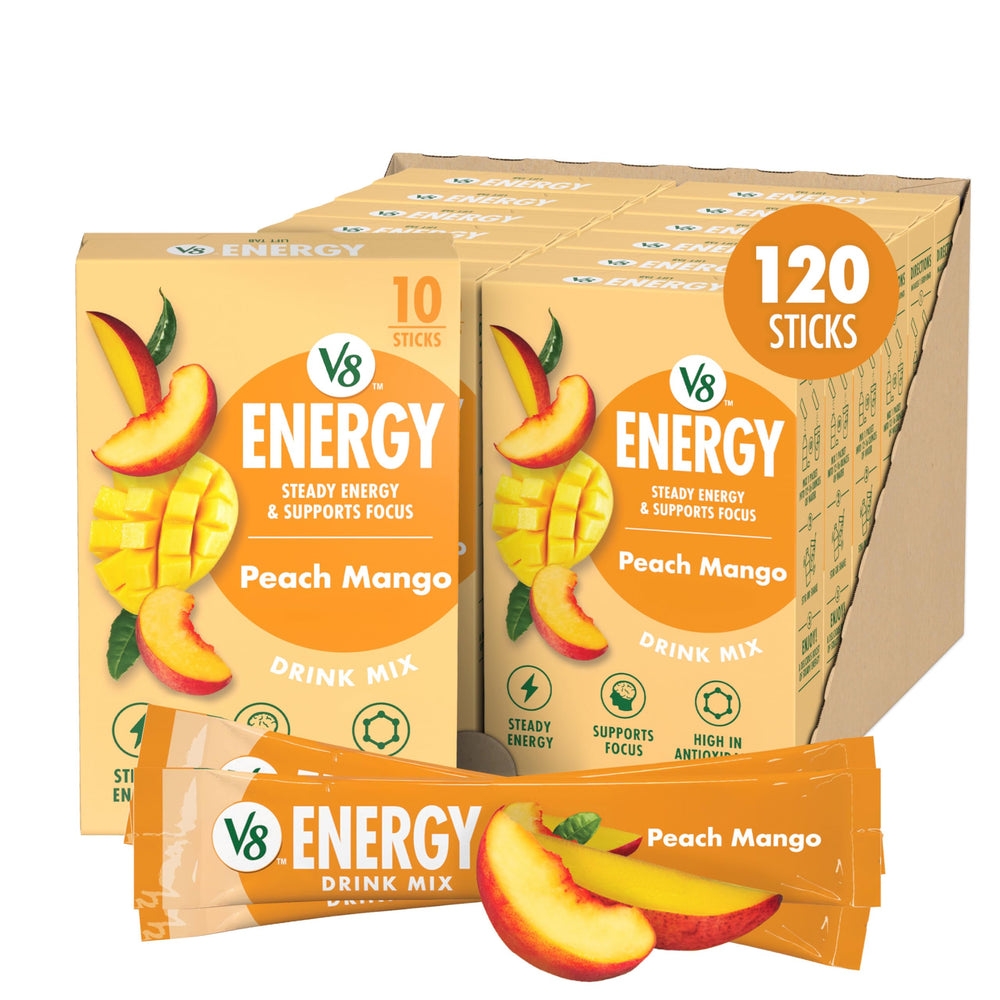 V8 front-facing packet bundle showing peach mango packets and benefits