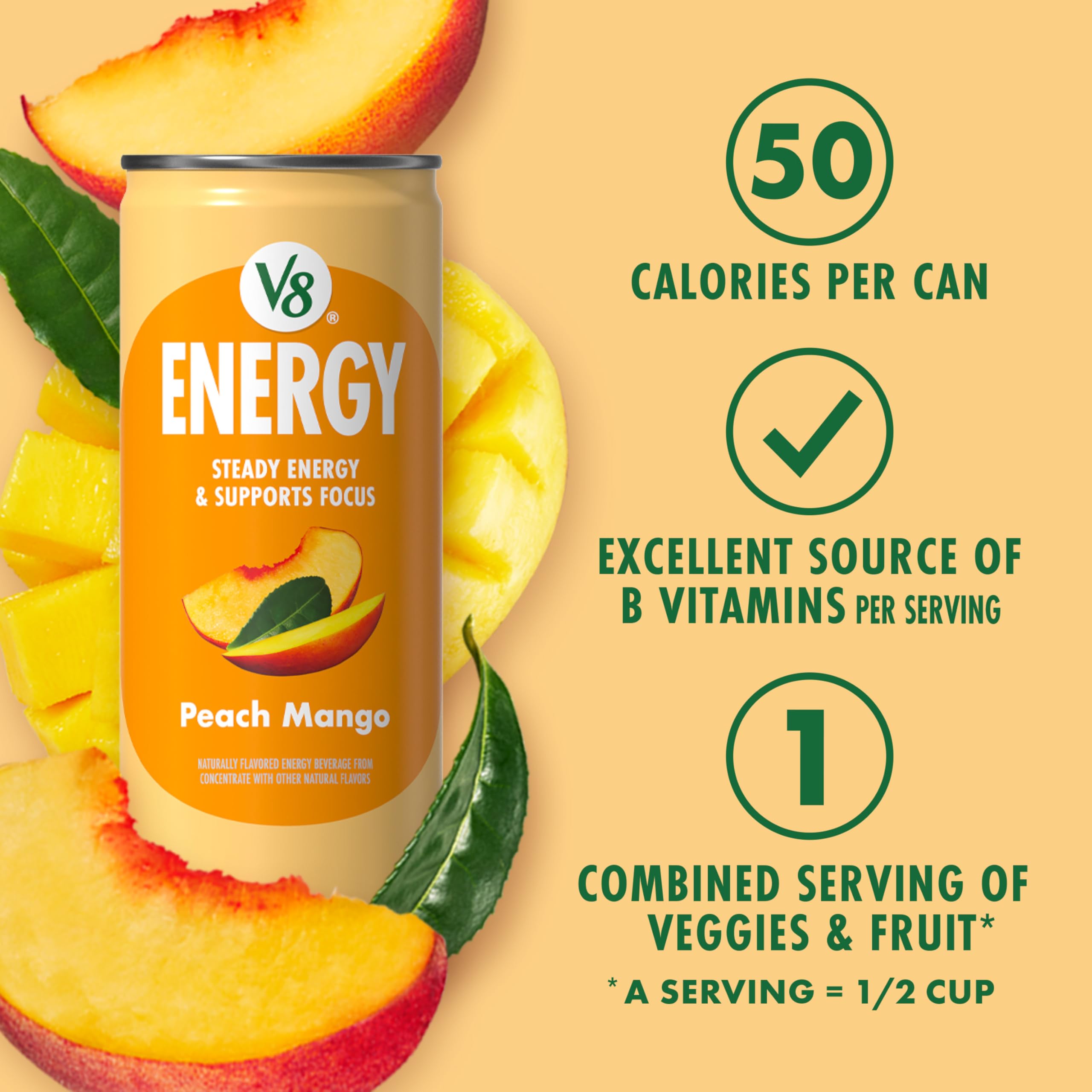 V8 Peach Mango ingredients label highlighting juice blend and benefit natural ingredients