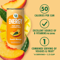 V8 Peach Mango ingredients label highlighting juice blend and benefit natural ingredients