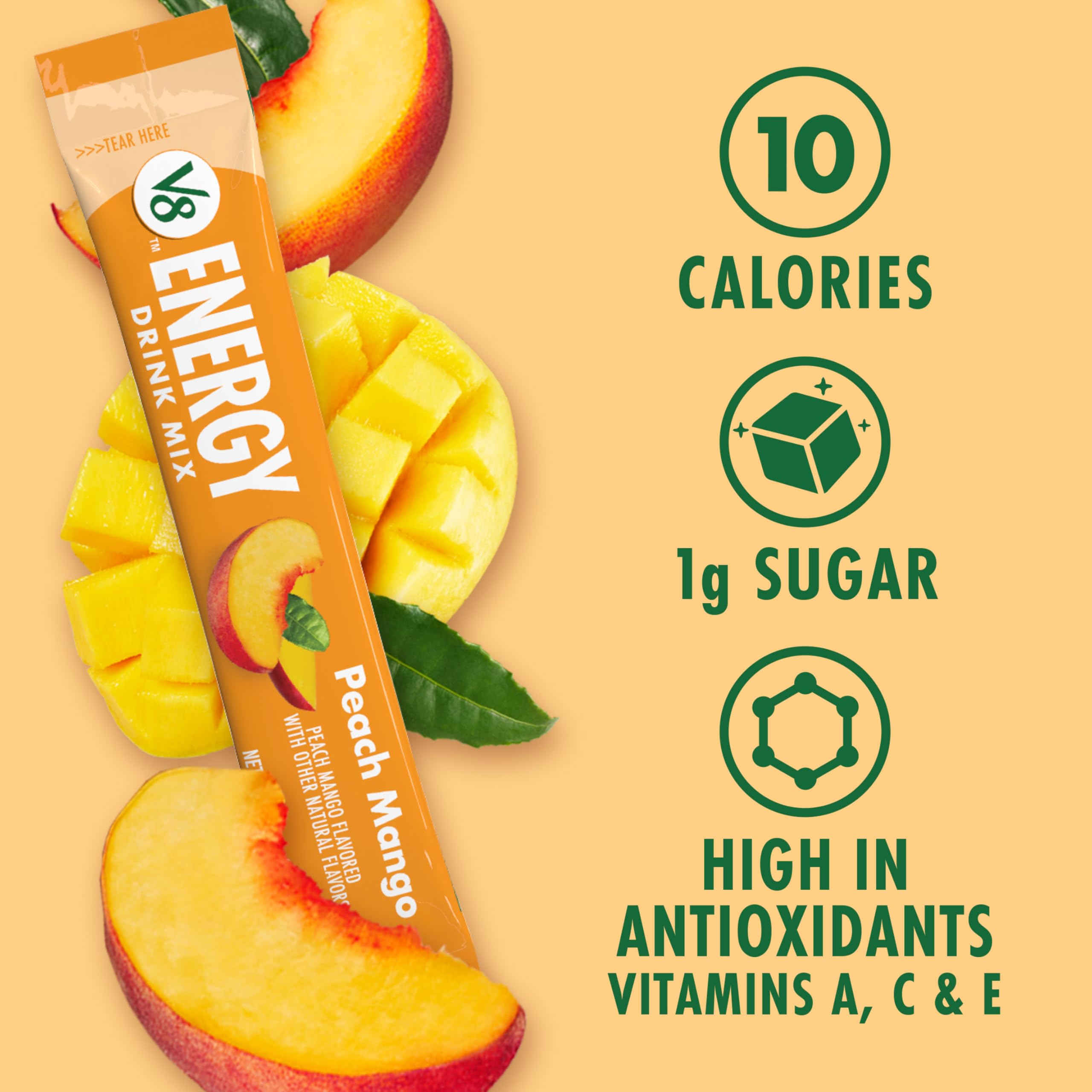 Glass of mixed V8 Peach Mango drink showing refreshing low-calorie beverage