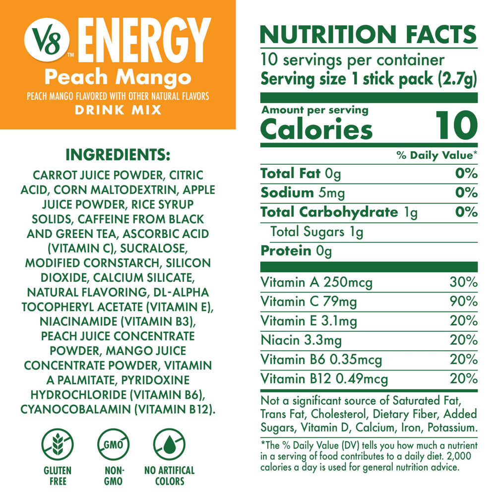 Close-up of a V8 single packet emphasizing portable energy convenience