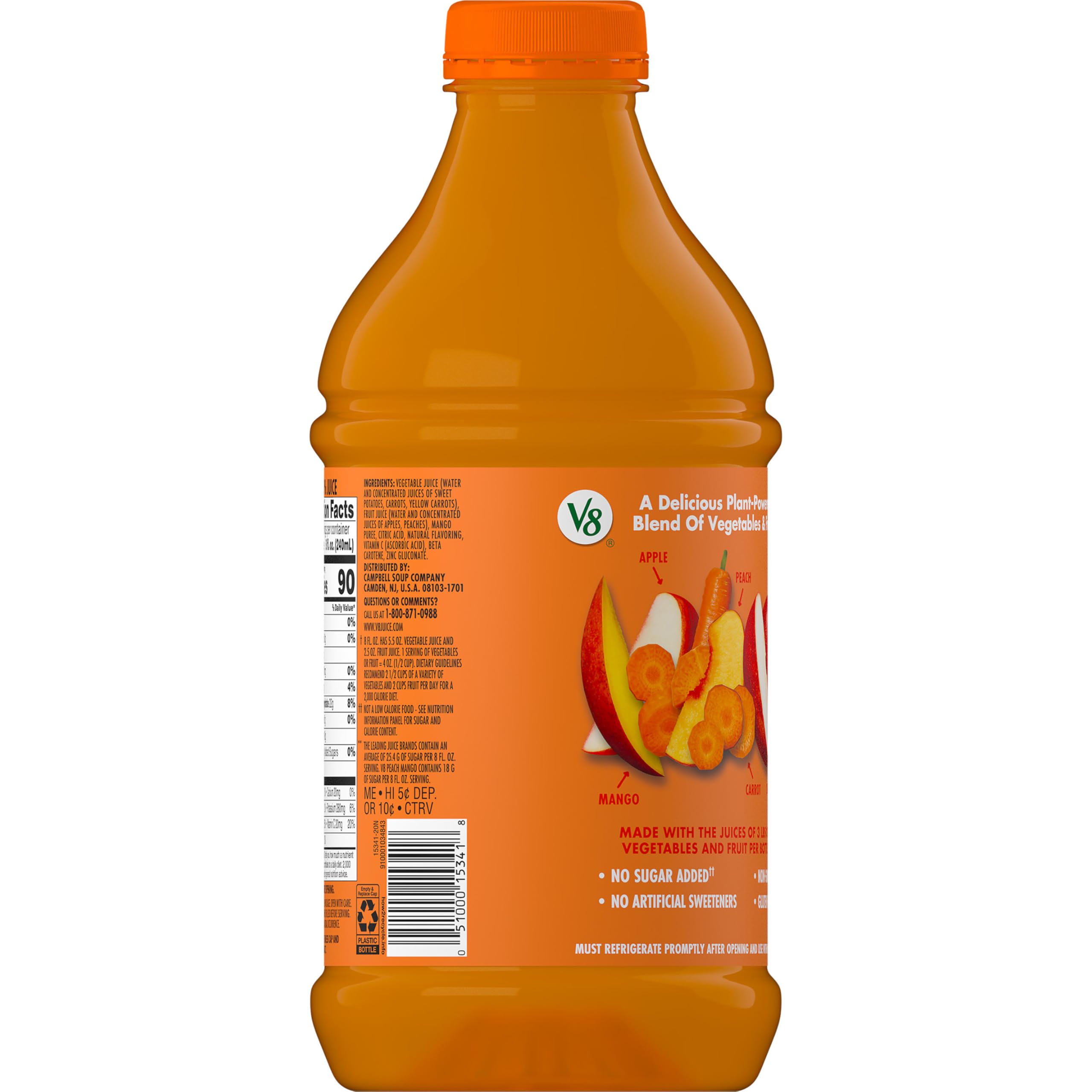 V8 next to a soda can illustrating 46 fl oz bottle size for portion planning