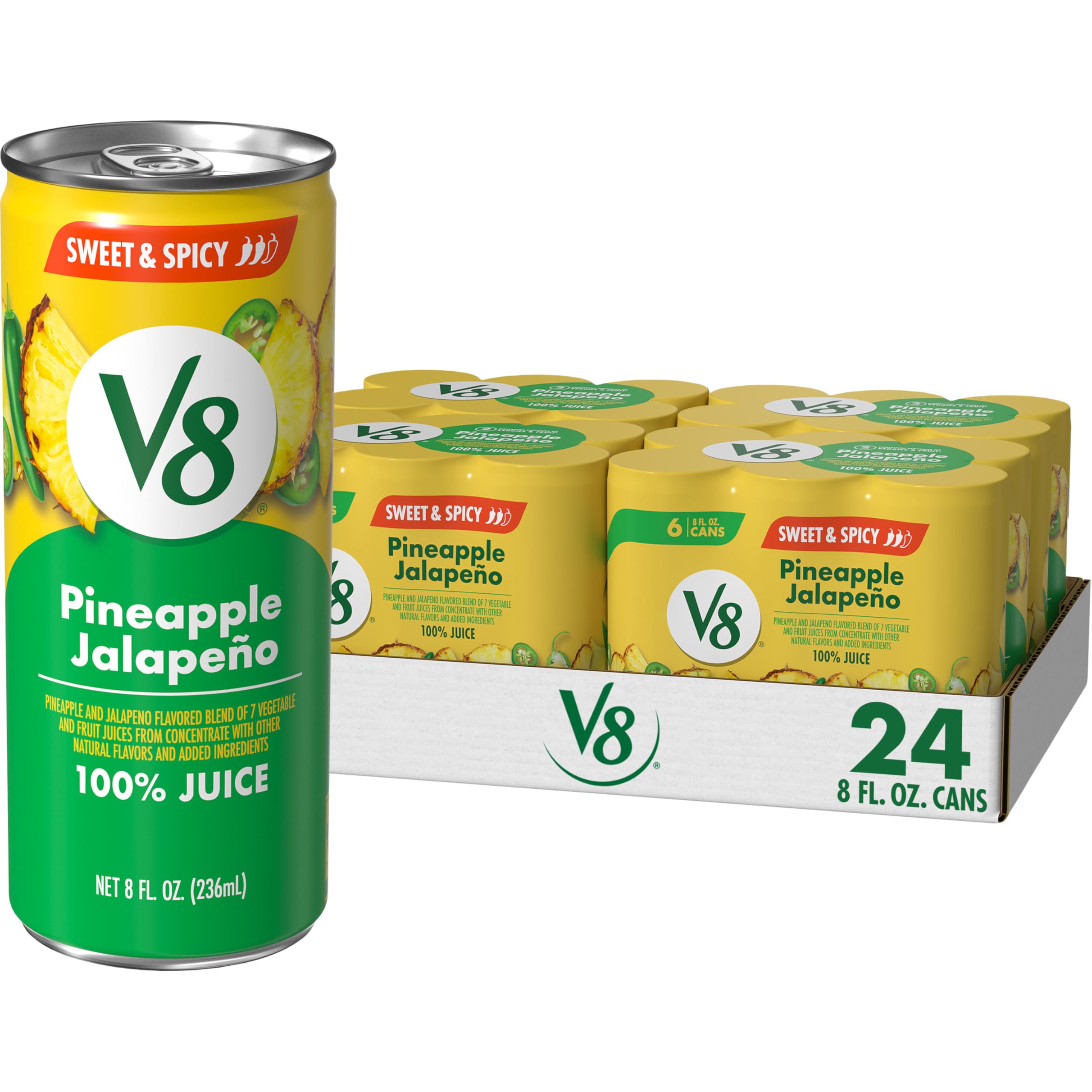 V8 front can showing pineapple jalapeño label and bold flavor benefit