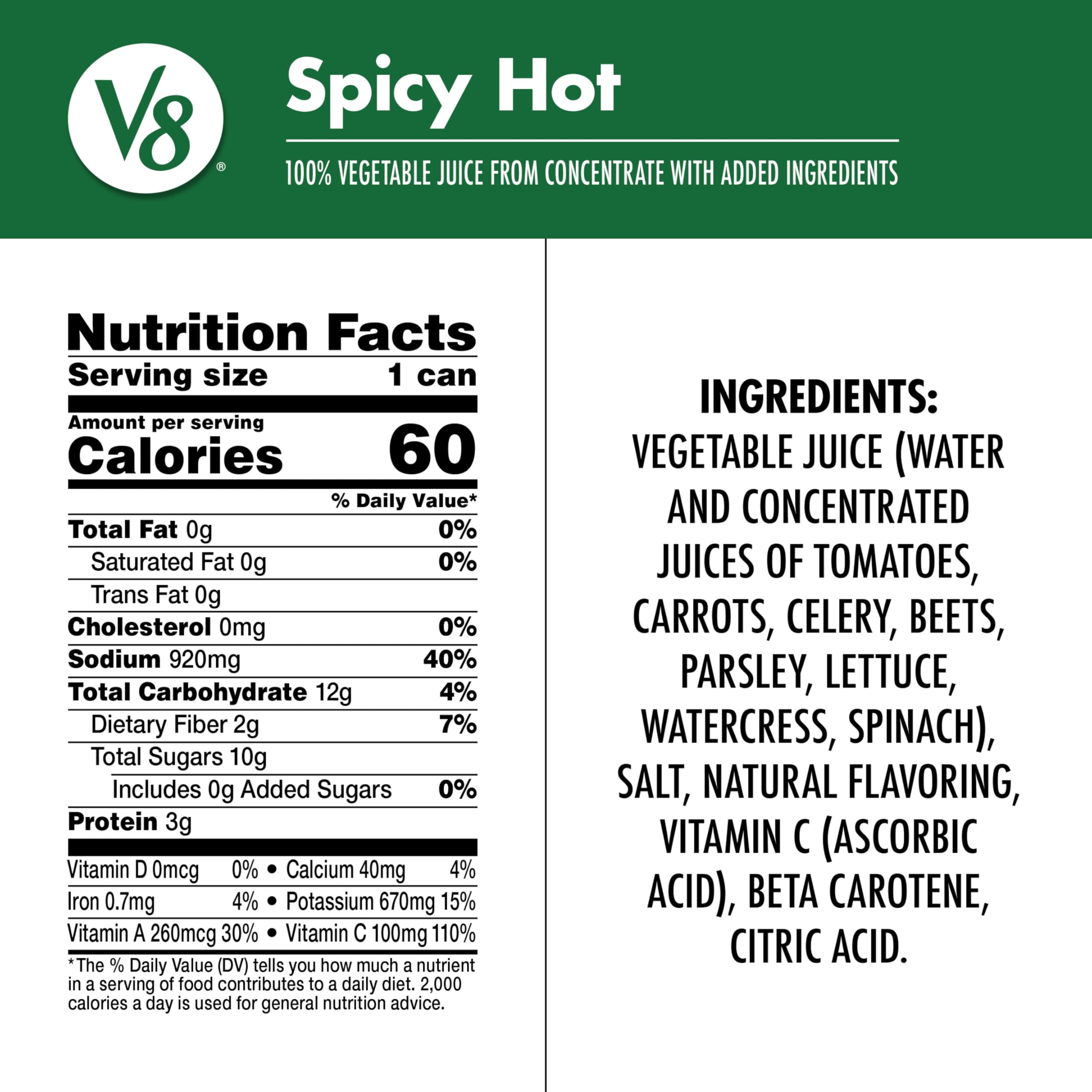 Close-up of V8 Spicy Hot label highlighting ingredients and nutrition