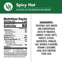 Close-up of V8 Spicy Hot label highlighting ingredients and nutrition