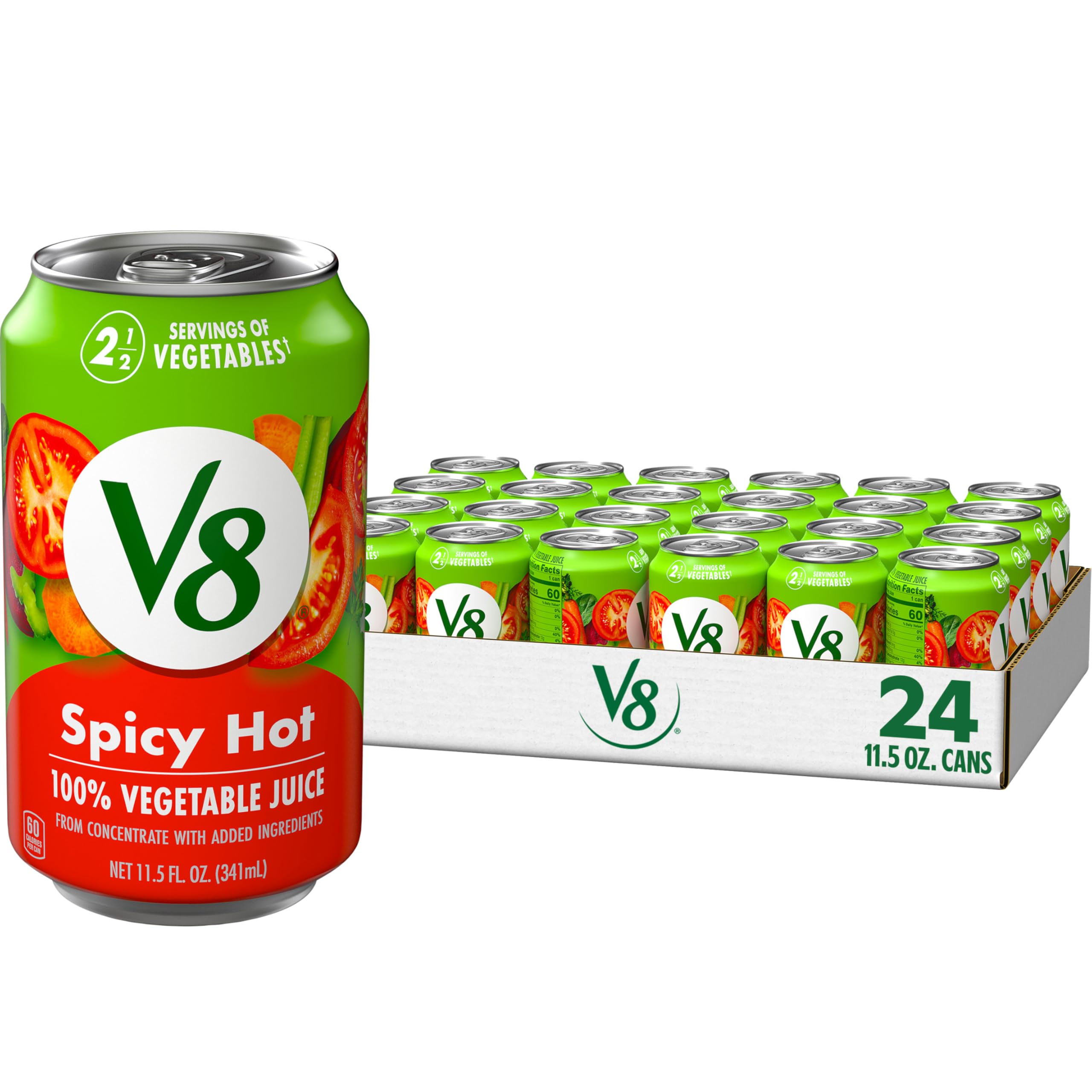 V8 Spicy Hot front can showing branding and spicy vegetable appeal