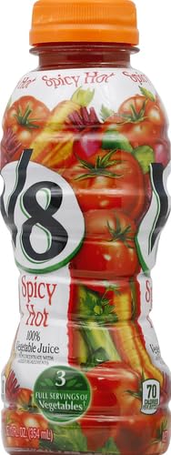 V8 spicy hot poured over ice in a glass, refreshingly savory and chilled