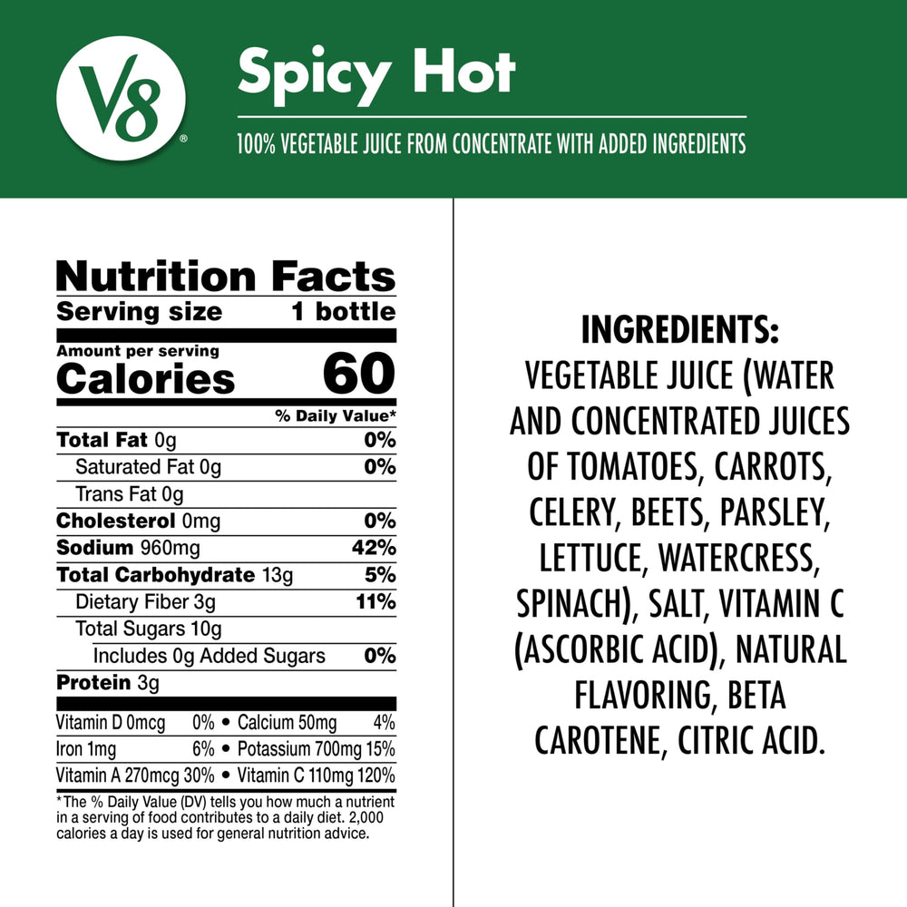 V8 spicy hot single bottle next to a measuring cup, shows 12 fl oz scale