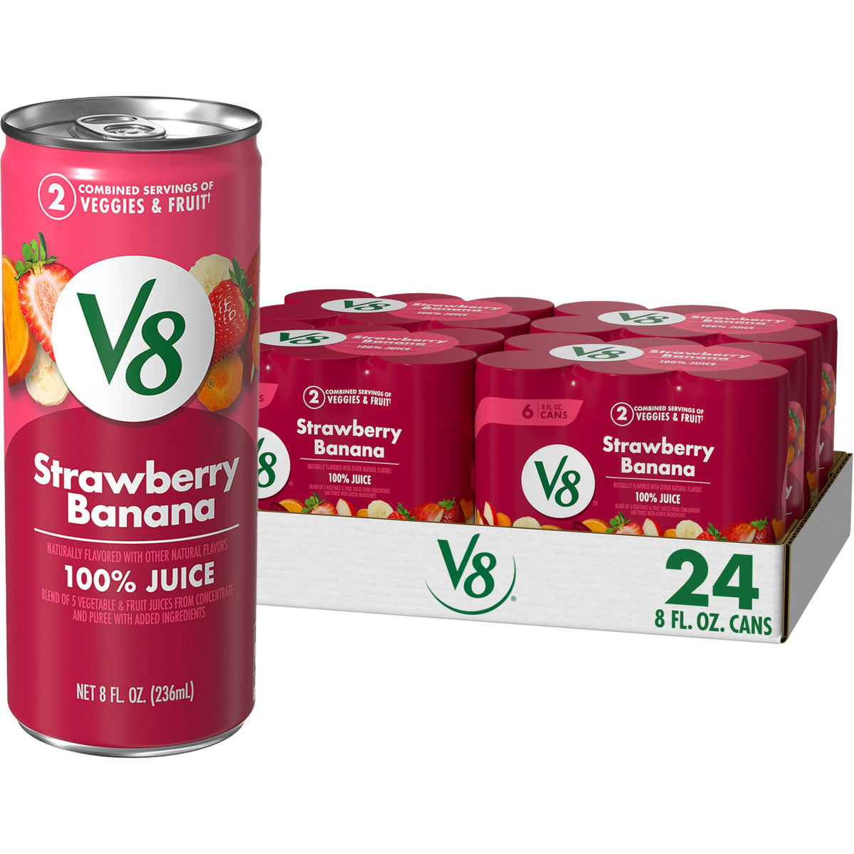 V8 front can showing strawberry banana label and refreshing look
