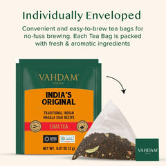 VAHDAM brewed cup of milk chai demonstrating rich, warming flavor benefit