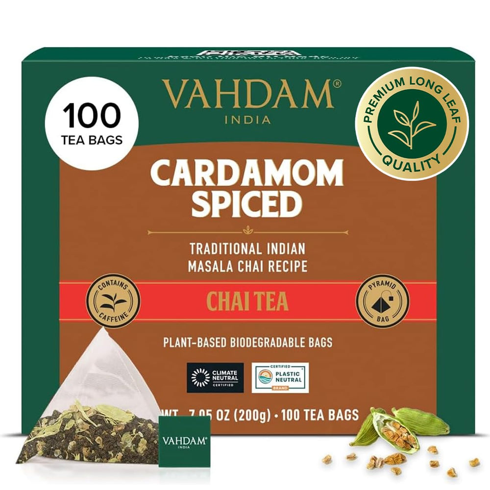 VAHDAM front packaging showing 100-count cardamom chai for quick identification