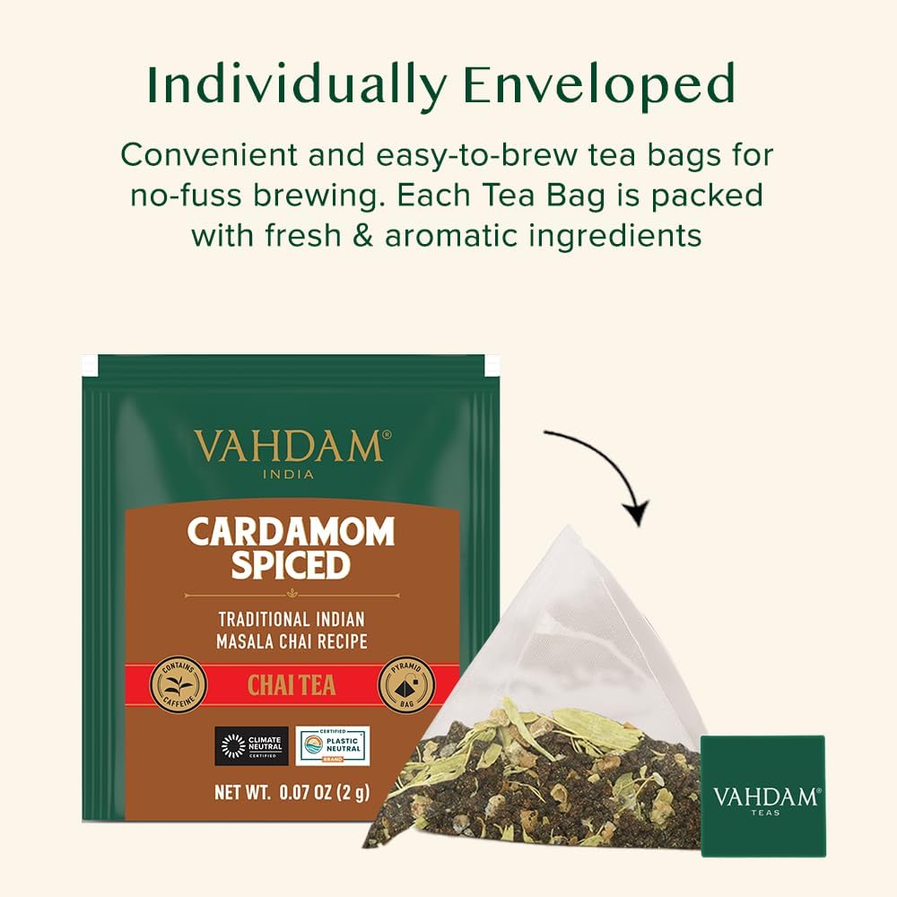 VAHDAM brewed cup of cardamom chai steaming, demonstrates bold aroma and color