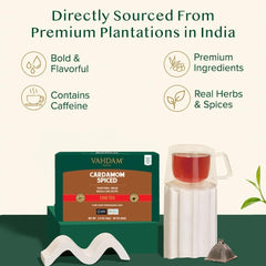 VAHDAM loose tea leaves texture with cardamom flecks, highlights rich ingredients