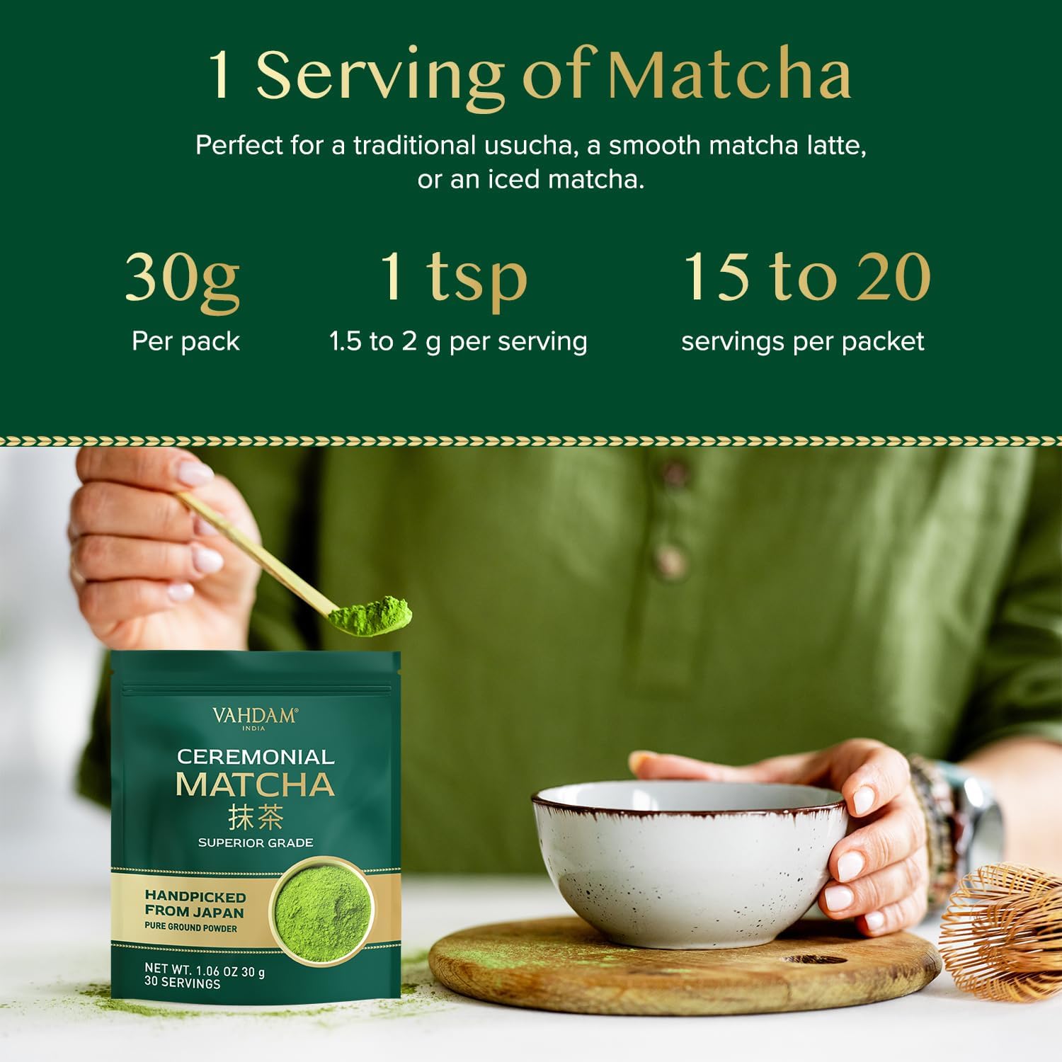 VAHDAM matcha on table in lifestyle scene showing daily ritual appeal