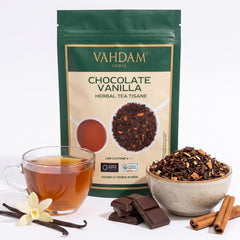 VAHDAM front pouch showing chocolate vanilla rooibos and freshness benefit