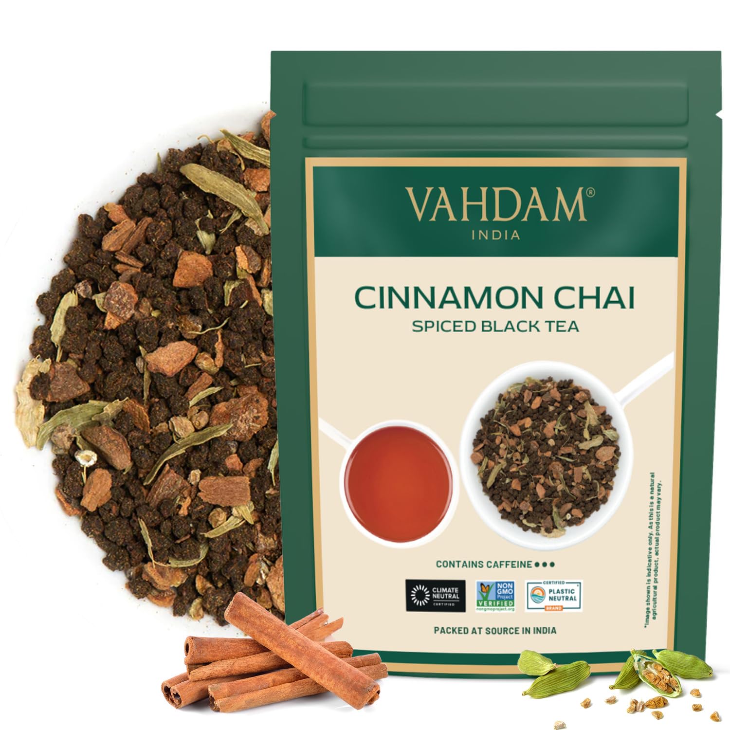 VAHDAM front packaging showing chai pouch and fresh aroma preservation