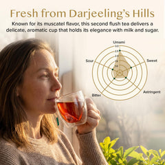 VAHDAM brewed cup of Darjeeling tea showing rich amber color