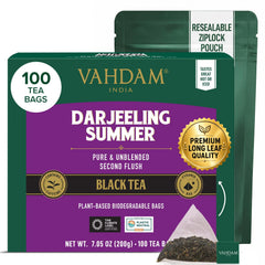 VAHDAM front packaging showing 100 count and premium Darjeeling benefits