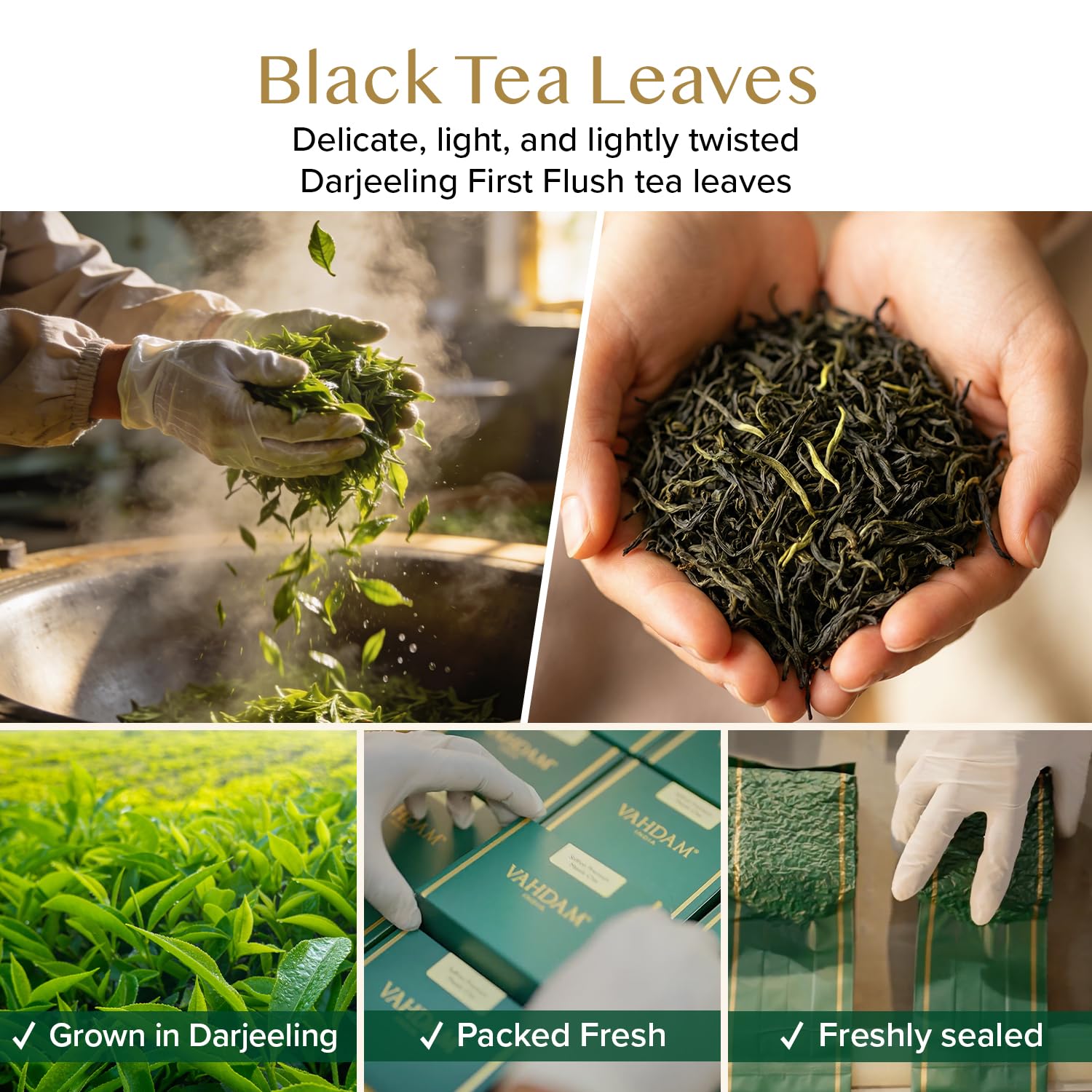 VAHDAM loose Darjeeling leaves close-up highlighting whole-leaf freshness