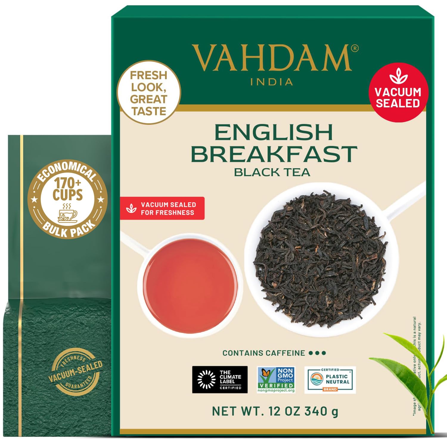 VAHDAM front packaging showing brand and bold English Breakfast benefits