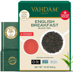 VAHDAM front packaging showing brand and bold English Breakfast benefits