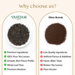 VAHDAM brewed tea in mug showing deep color and strong morning boost