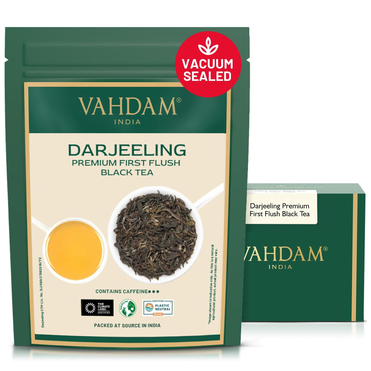 VAHDAM front packaging showing brand and premium first flush benefit