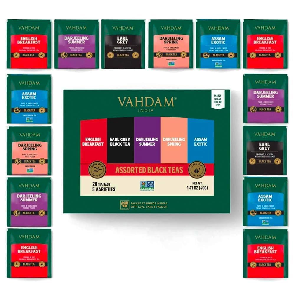 VAHDAM front packaging showing assorted black tea sampler and gift-ready presentation