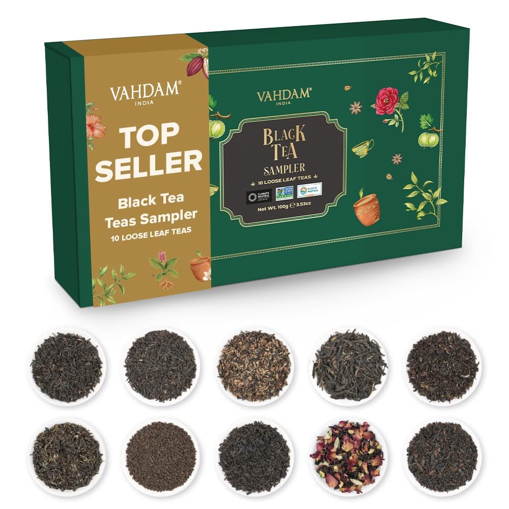 VAHDAM front packaging showing ten loose leaf tea pouches and freshness benefit