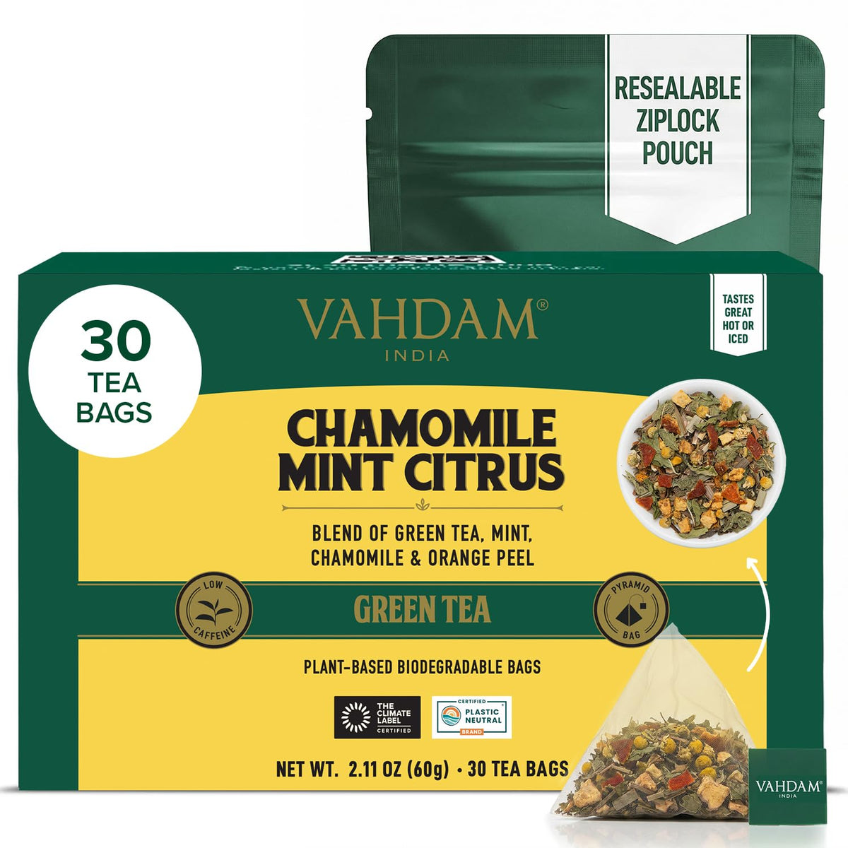 VAHDAM front packaging highlighting chamomile mint citrus blend and freshness benefit