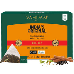VAHDAM front packaging showing masala chai and resealable pouch benefits